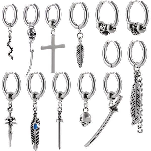 1PC 361L Surgical Steel Hoop Earrings Sword Dangle Earrings Punk Long Chain Pendant Dangle Earrings For Women Men Ear Jewelry
