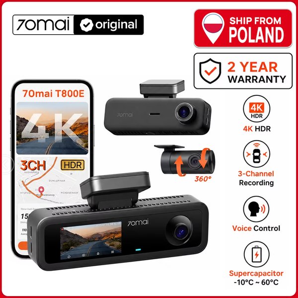 Kamera samochodowa 70mai Dash Cam 4K T800E 3-kanałowa (przód, tył, wnętrze) 3 w 1, sterowanie głosowe, monitoring parkingowy 24H, superkondensator, GPS,kamera tylna 1080P, rejestrator samochodowy DVR