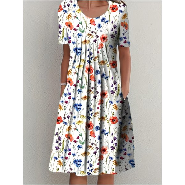 Spring And Summer Women's Elegant Large Skirt Round Neck Printed Short-sleeved Dress