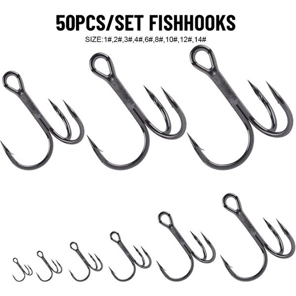 50Pcs Black Nickel Super Sharp Fishhooks Treble Fishing Hooks High Carbon Steel Matte Tin Hooks Fishing Tackle Sharpened Hooks
