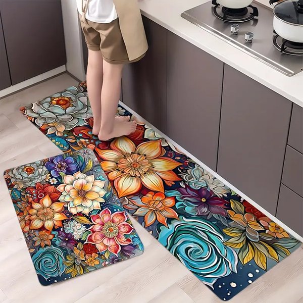 Tapis antidérapant de cuisine de grande taille, absorbant, lavable en machine, à motif floral