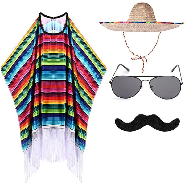 Costume de fête mexicaine pour enfants et adultes, poncho Everak coloré, chapeau Sombrero, ensemble de lunettes de soleil et moustache, carnaval d'Halloween