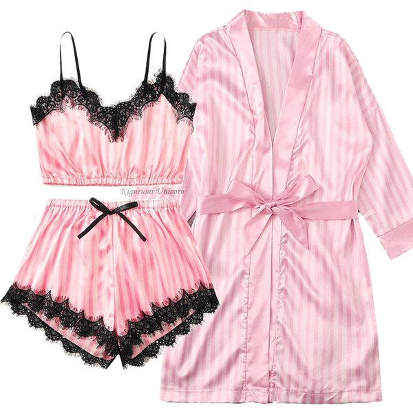 Seide Satin Spitze Robe und Pyjamas Set Frauen Sommer Faux Seide Nachtwäsche Rosa Streifen Pijamas Bademantel Nachthemd Homewear Robe Set
