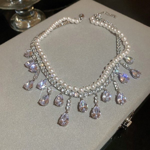 Luxury Rhinestone Crystal Chokers Necklaces For Women Multilayer Imitation Pearl Chain Necklace For Party Wedding Jewelry K-