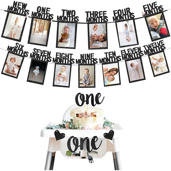 1st Birthday Baby Photo Banner for Newborn to 12 Months with High Chair Banner First Birthday Celebration Decoration