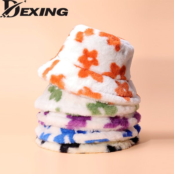 Flower Plush Fluffy Bucket Hat Women Fisherman Hat Winter Outdoor Faux Fur Thick Warm Panama Cap Bob Femme