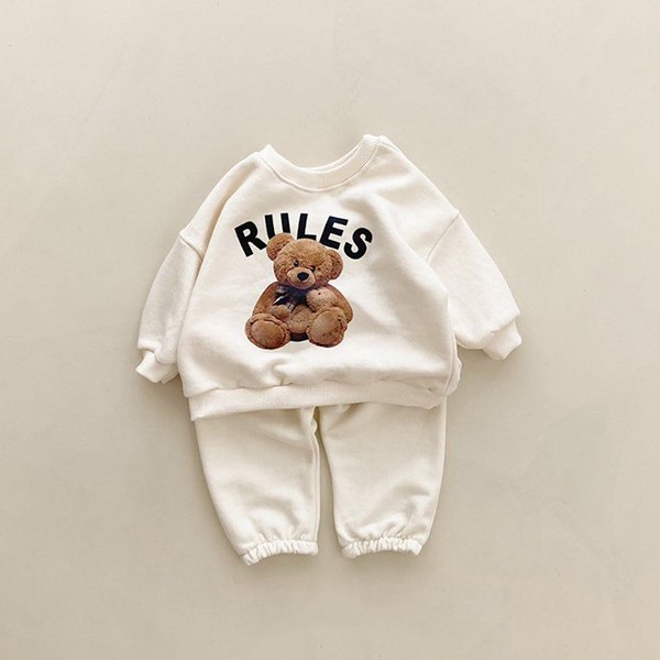 Korean 1-4Y Boys Outfit Set Toddler Girls Clothes Set Fashion Sweatshirt Tops +White Pants Spring Cartoon Bear Kids Clothes Suit