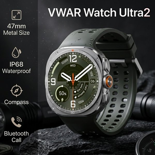 VWAR – montre connectée Ultra2 pour hommes, charge sans fil, étanche IP68, montre connectée de Sport, boussole, appels Bluetooth, 47mm