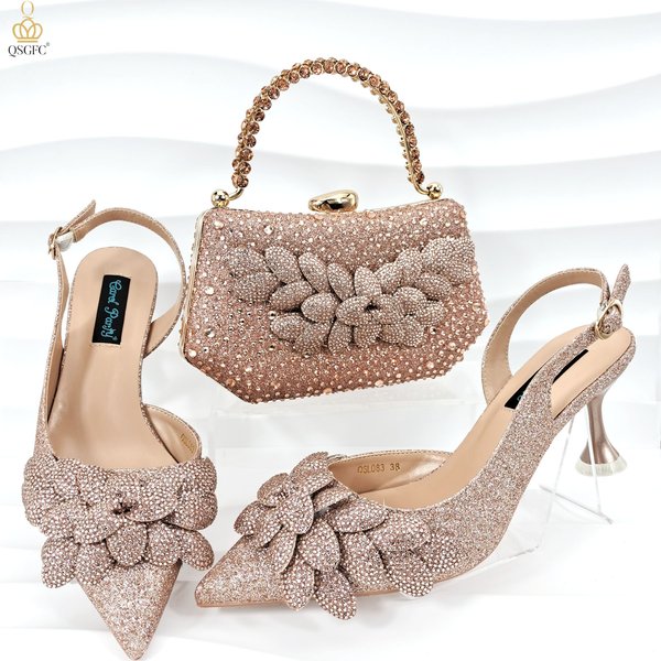 Nigerianische Bankettschuhe und Taschen, afrikanische Mode, pfirsichfarbene Damen, passende Schuhe und Taschen, spitze Zehen, High Heels, Hochzeitsfeier