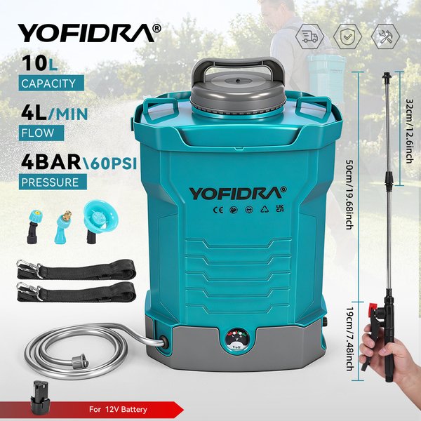Pulvérisateur électrique au lithium YOFIDRA 60 PSI 4 L/MIN, pulvérisateur à dos haute capacité 10 L pour l'arrosage des pelouses et des jardins, outils électriques