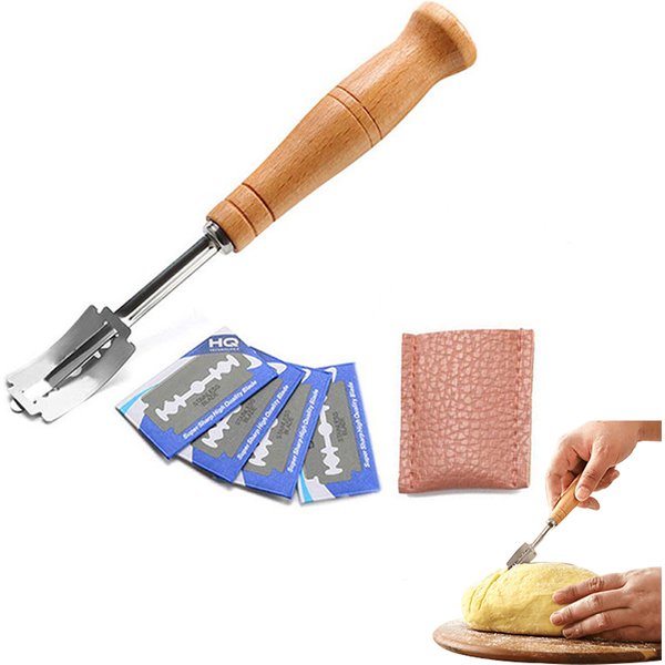 Wooden Handle Sourdough Bread Lame Slashing Tool with 5pcs Blades Bakers Dough Knife