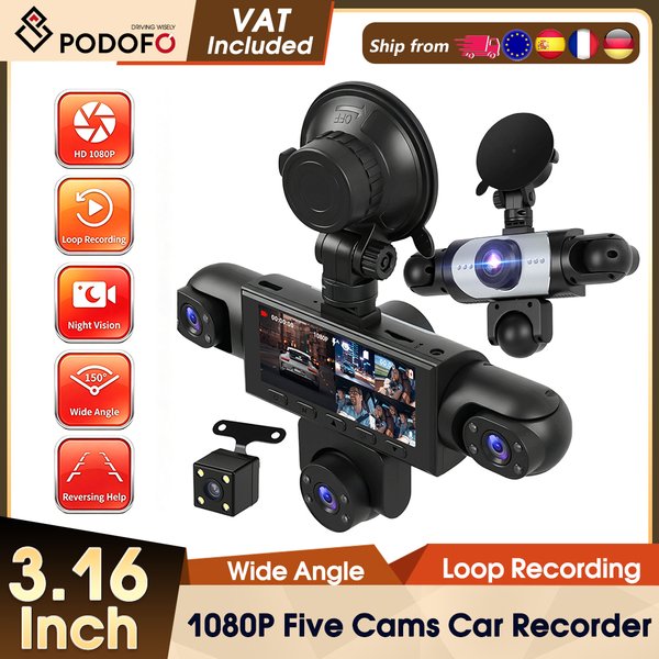 Caméra embarquée Podofo 3,16'' 1080P avec 5 objectifs haute définition 360° ° Enregistreur vidéo de voiture avec enregistrement en boucle, vision nocturne, aide au recul et carte 64 Go