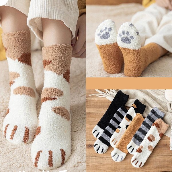 Kawaii dessin animé chaussettes blanches pour femmes mignon 3d chien chat patte motif femme polaire chaud drôle chaussettes maison sol dormir