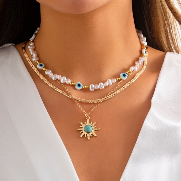 3 teile/satz Ethnische Sonnenblume Grün Stein Anhänger Halskette Frauen Vintage Imitation-Perle Teufel Auge Perlen Kragen Halskette