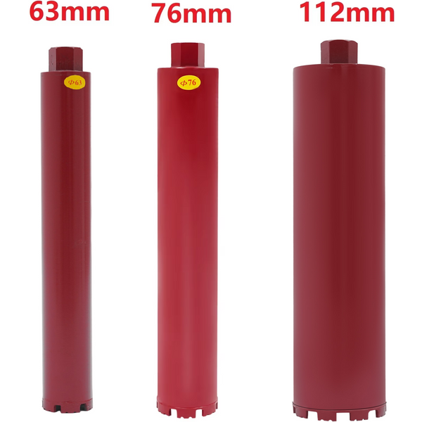 Foret diamanté 63mm/76mm/112mm pour béton armé, utilisation à sec/humide, profondeur de perçage 410mm, rouge