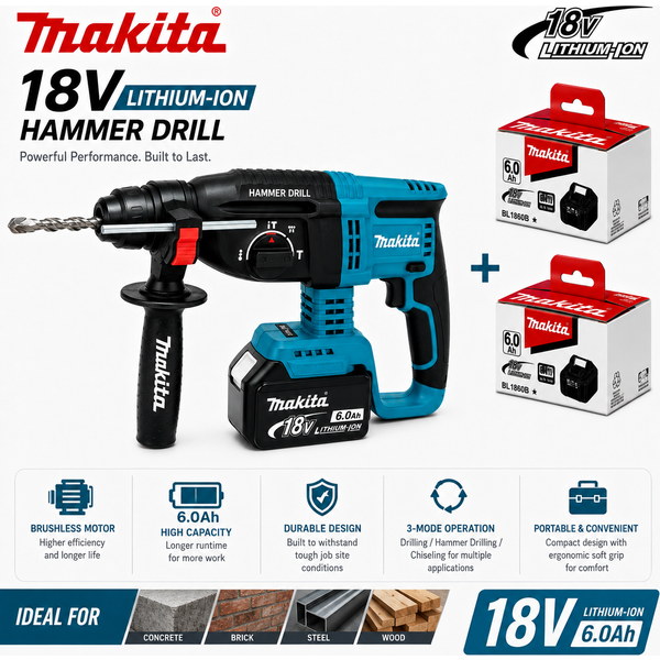 Für Makita DHR242 18V LXT Akku-Bohrhammer, bürstenloser Bohrhammer mit 3-Modus-Funktion für Beton, Ziegel, Stahl und Holz, Hochleistungs-Elektrowerkzeug für Bau, Renovierung und Heimwerkerarbeiten.