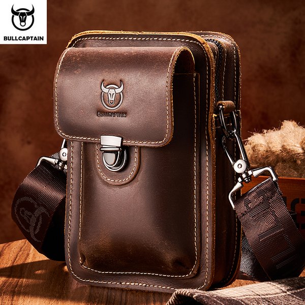 BULLCAPTAIN Crazy Horse Leder Männlichen Taille Pack Telefon Beutel Taschen Taille Tasche männer Kleine Brust Schulter Gürtel Tasche Rucksack YB075