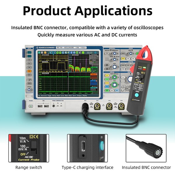 Adaptateur de pince ampèremétrique AC/DC BSIDE UP1 pour oscilloscope, mesure/analyse 10mA-100A, testeur de consommation électrique automobile