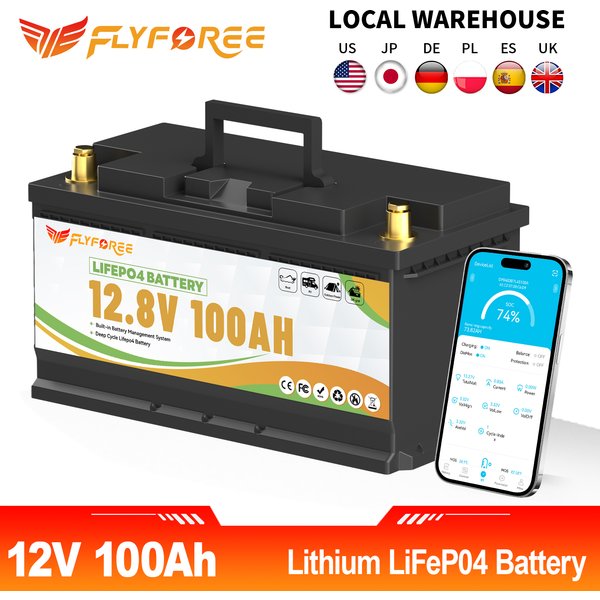 FLLYROWER 12V 100Ah LiFePO4 Lithium-Batterie mit Bluetooth BMS100A für Wohnmobile, Trolling-Motoren, Solar, Offroad und netzunabhängige Anwendungen