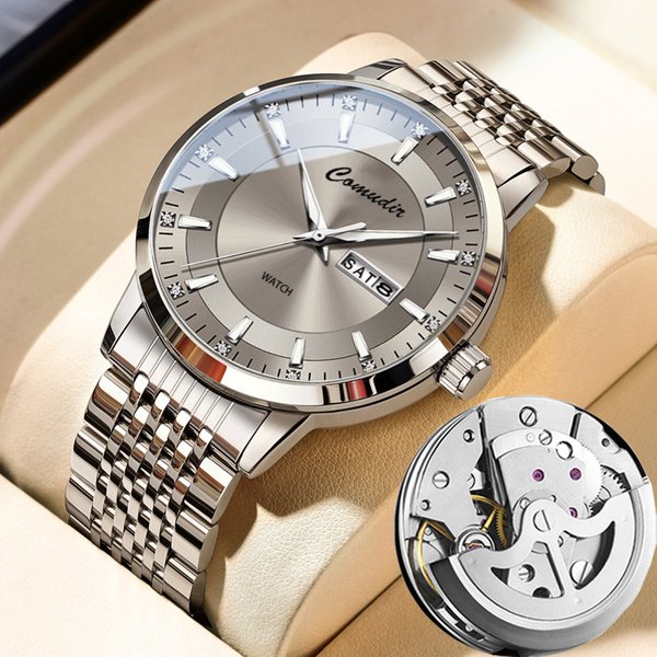 Silberne Nicht-Mechanische Herrenuhr mit Stahlarmband, Hohldesign, Wasserdicht, Leuchtend im Dunkeln, Doppelkalender, Nachleuchtend