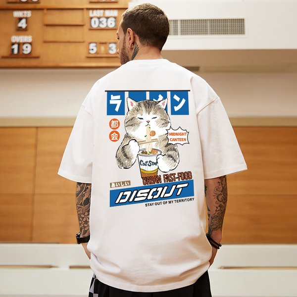 T-Shirt à Manches Courtes pour Homme, Vêtement Décontracté, Surdimensionné, en Coton, avec Imprimé de Cantine de Minuit, Chat Mangeant du Ramen, Style Japonais Harajuku