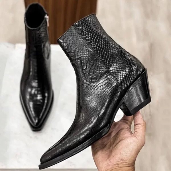 Bottes Chelsea pour hommes à imprimé serpent noir, bout pointu, talon épais, fermeture éclair latérale, bottines courtes style western, chaussures habillées