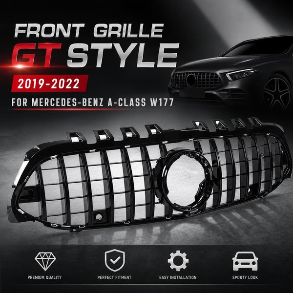 Frontgrill, Schwarz, Panamericana GT-Stil, 2019-2022, für Mercedes-Benz A-Klasse W177 Auto-Frontgrill.