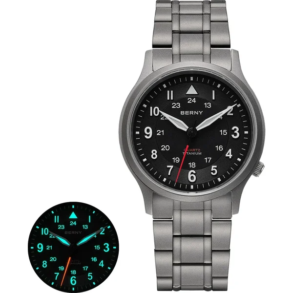 BERNY Voll-Titan-Uhren für Herren Outdoor-Quarz-Feldarmbanduhr Super Leuchtend Saphirglas Leicht Ablesbare Uhr