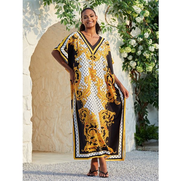 Beach Outfits for Women Swimsuit Cover-ups Kaftan Dress Tunic Long Maxi Plus Size Bathing Suit Polyester Print