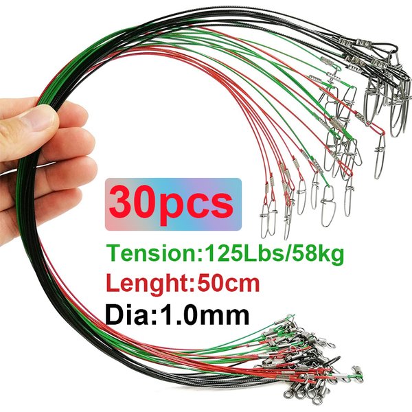 Ligne de Leader de pêche en mer, 30 pièces, diamètre 1.0mm, 125lb, 50cm, ligne métallique haute résistance en acier inoxydable avec émerillons et boutons-pression, outils de pêche