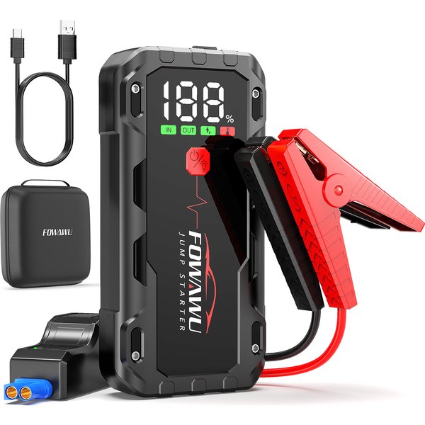 FOWAWU 7000A Booster Batterie Voiture (12L d'essence/10L de Diesel), 26800mAh 12V Démarreur de Batterie de Voiture Portable avec Pinces Intelligentes, QC 3,0, 2,4 inch Grand écran LCD, Lumière LED