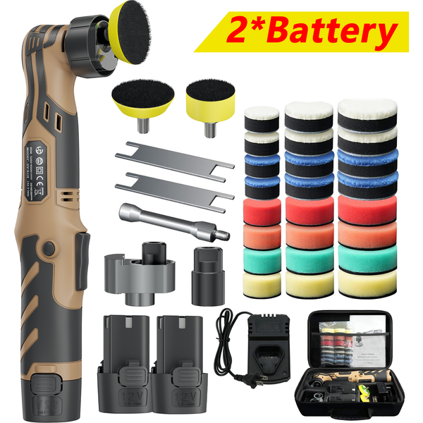 6-Gang Akku-Mini-Autopolierer 12V, speziell für Autopflege & Wachsen, 1/1,5/2 Zoll Polierpad-Set mit 2 x 2,3Ah Akkus