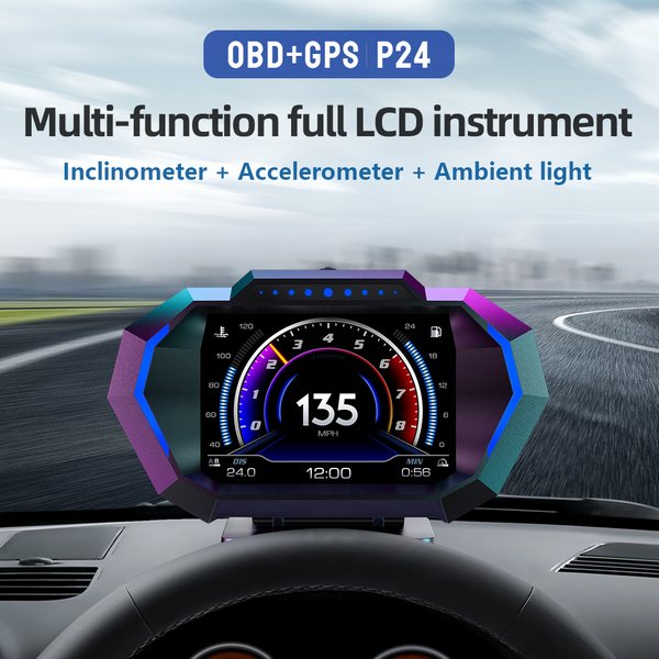 Affichage tête haute OBD + GPS HUD P24 pour voiture, compteur de vitesse numérique, température de l'eau, consommation de carburant, ordinateur de bord Système de diagnostic embarqué + Système de