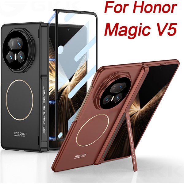 Magnetyczne etui z zawiasem i uchwytem na Honor Magic V5, pełne pokrycie ekranu, plastikowa matowa obudowa na Honor Magic V5.
