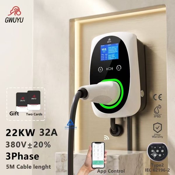 GWUYU 22KW 3-Phasen 32A Typ 2 Wandmontierte EV-Ladestation mit 5M Kabel, Smart EV-Ladestation mit APP-Steuerung, verzögerter Ladung, LCD-Anzeige, für Zuhause und Garage, Ladegerät für Elektrofahrzeuge