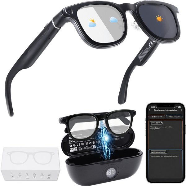 Hganus 800W AI z kamerą, etui z baterią 3600mAh, okulary do inteligentnego tłumaczenia, okulary przeciwsłoneczne z funkcją nagrywania zdjęć i wideo, aplikacja ChatGPT, telefon, WIFI 4, BT 5.3