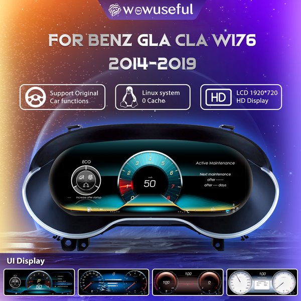 12,3'' 1920*720 HD LCD – wyświetlacz prędkościomierza do samochodów Mercedes Benz C, A, GLA, CLA (modele W176, W117, C177, X156) z lat 2014–2019, system NTG 4.5, 5.0, automatyczny panel wskaźników,