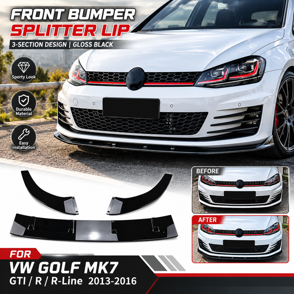3-teiliger Frontstoßfänger-Spoilerlippen-Splitter-Schutz in glänzendem Schwarz für VW Golf MK7 GTI R R‑Line 2013‑2016, unterer Kinn-Bodykit-Zubehör