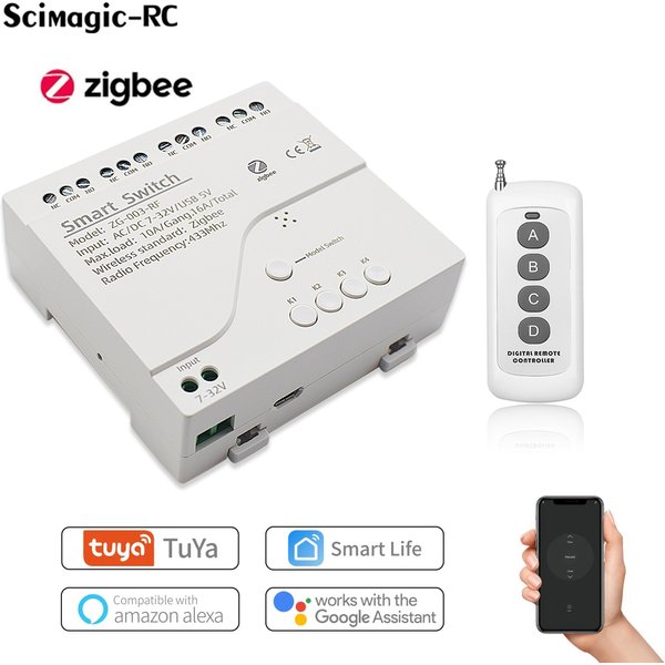 Tuya Zigbee Relais 4CH Smart Home Schalter Modul APP Fernbedienung Drahtlose Radio RF 433 4 Kanal Relais für Zigbee Gateway Hub
