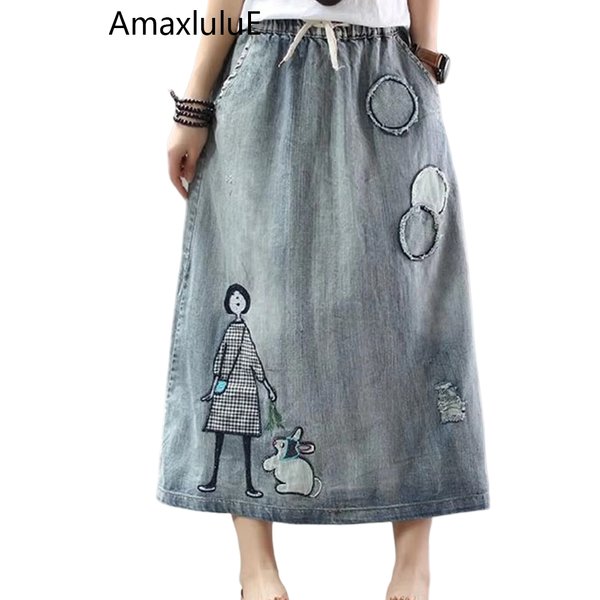 AmaxluluE 2025 mode Streetwear femmes été classique broderie lâche Denim trous jupes dames décontracté Vintage dessin animé vêtements