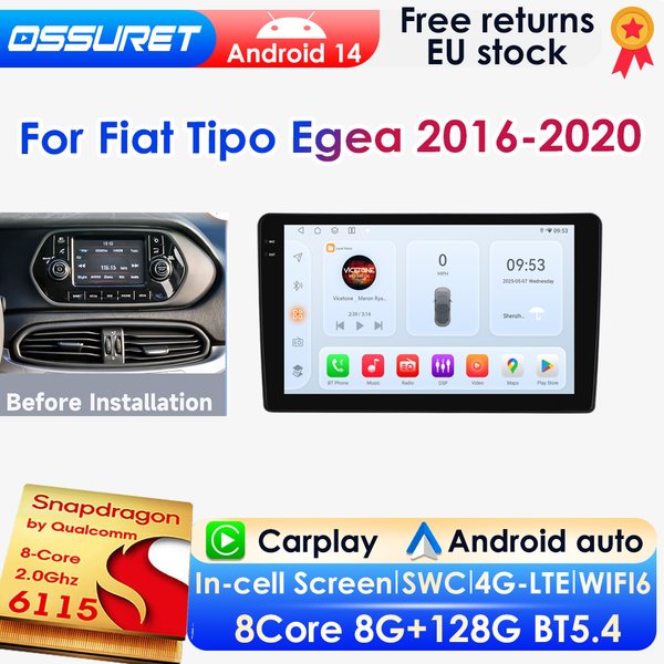AI Carplay Android 14 Autoradio für Fiat Tipo Egea 2016 - 2020 GPS Multimedia 4G DSP BT 8G 128G 360-Grad-Kamera mit Snapdragon 6115