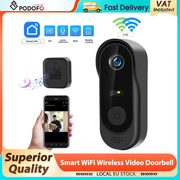Sonnette de porte Podofo avec vision nocturne, contrôle par application, étanche IP64, sonnette de porte WIFI, caméra de sécurité, interphone, prise en charge de la carte USB TF