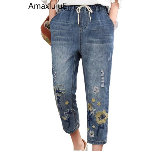 AmaxluluE 2025 chinois été mode dames Vintage broderie jean femmes décontracté à fleurs Denim pantalon déchiré Harem Pantalons