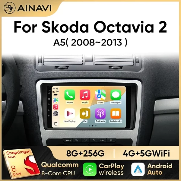 Ainavi Autoradio für Skoda Octavia A5 2 2008-2013 Wireless Carplay Android Auto Auto-Multimedia-Player 2 Din