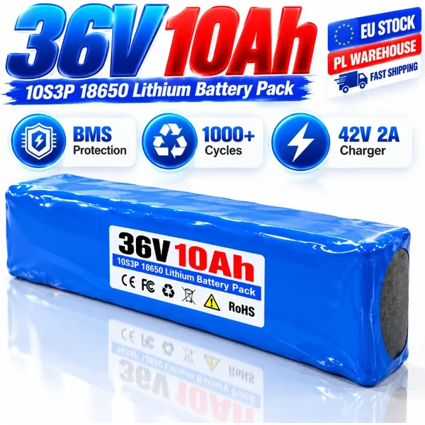 36V 10Ah Lithium-Ionen-Akku 10S3P 18650 Wiederaufladbarer Akku mit BMS für E-Bike Elektroroller, kompatibel mit 250W 500W 750W 1000W Motor, 42V 2A Ladegerät, EU-Lager, schneller Versand aus polnischem