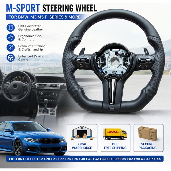 High Quality M Sport Steering Wheel For BMW Flat Bottom M3 M5 F01 F06 F10 F11 F12 F20 F21 F22 F25 F26 F30 F31 F32 F33 F34 F36 F80 M4 F82 F90 X1 X3 X4 X5 Half Perforated Leather Steering Wheel