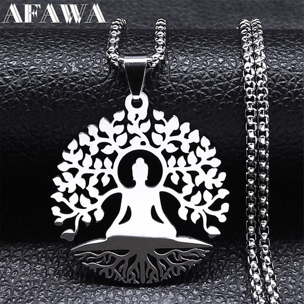Buddhismus Meditation Buddha Yoga Anhänger Halskette Edelstahl Lebensbaum Halskette Buddhistischer Schmuck Collares Para Mujer