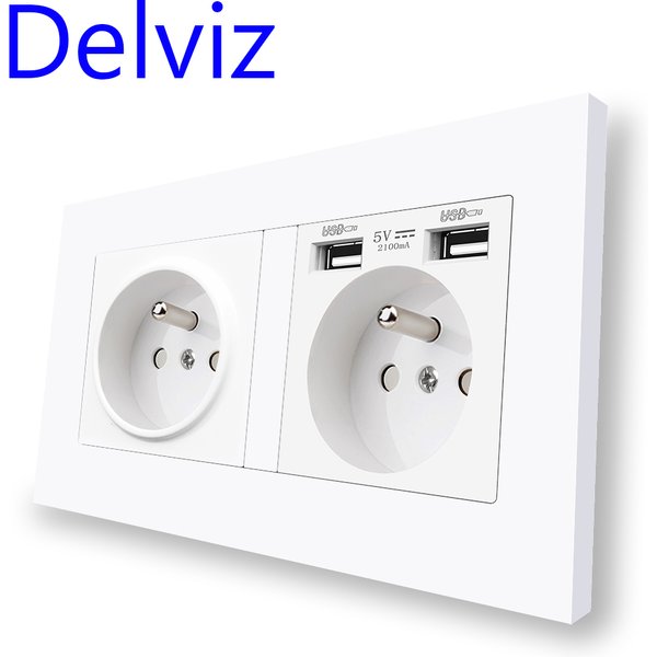 Delviz French Standard Socket, France/Poland/Belgium Wall Embedded Socket for Home, With USB Charger Ports Dual 16A Power Outlet