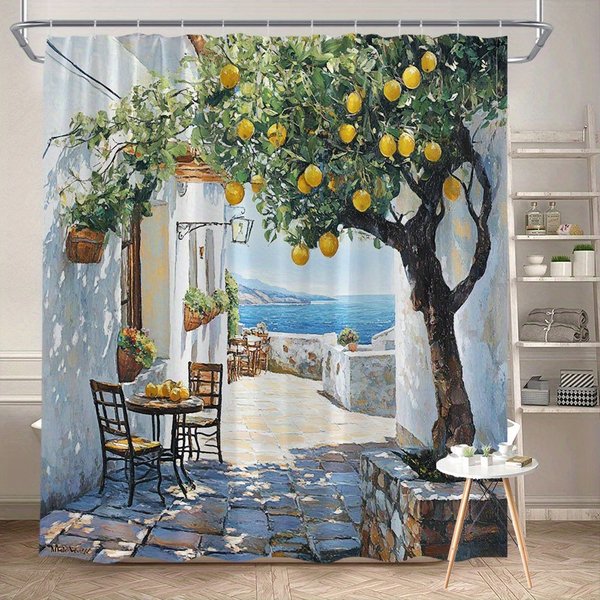 Wasserdichter Duschvorhang mit mediterraner Straßenszene mit Zitronenbaum- und Ozeanblick für elegante Badezimmerdekoration