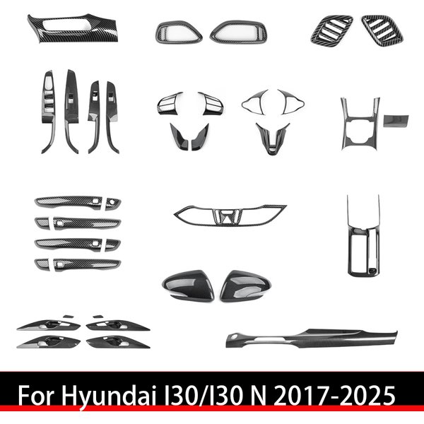 Accessoires de tuning automobile en fibre de carbone pour Hyundai I30/I30 N 2017-2025 : Cache de la console centrale, levier de vitesses, boutons de fenêtre et aérateurs (conduite à gauche)